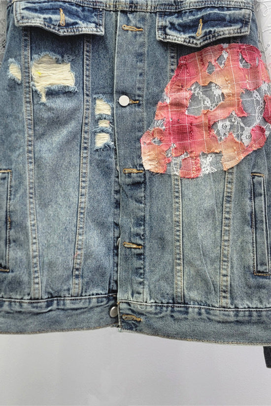 Distressed Patchwork Denim Jacket