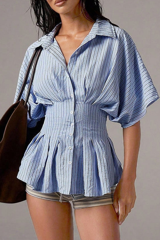 Striped Pleated Button-Up Blouse