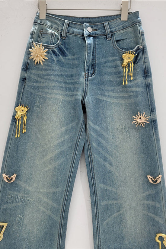 Embellished Straight Leg Denim Jeans