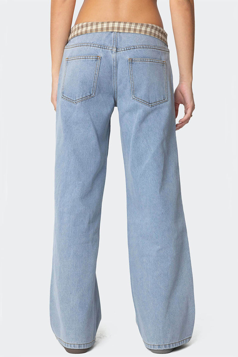 Foldover Waist Straight Denim Jeans