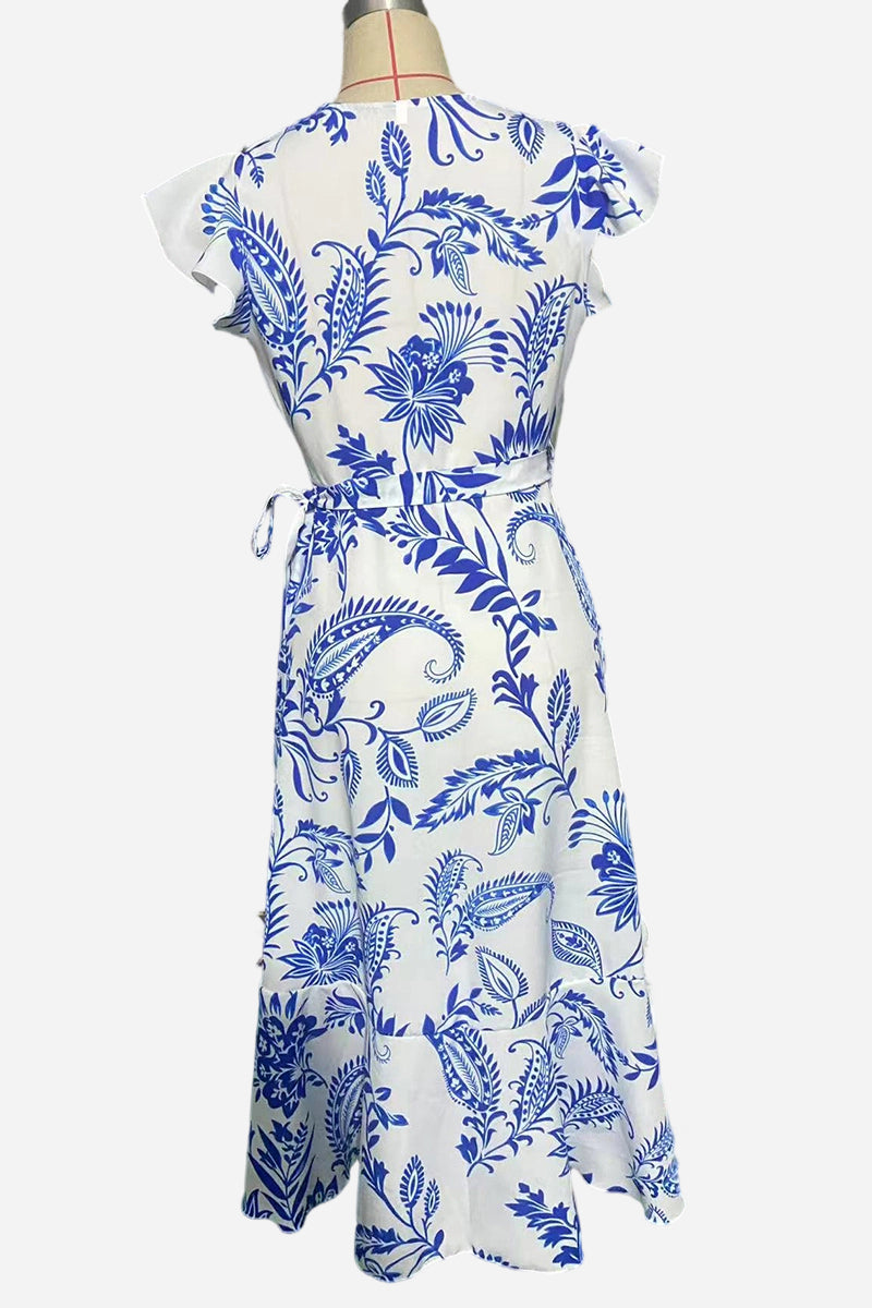 V-Neck Printed Ruffle Tie Waist Dress
