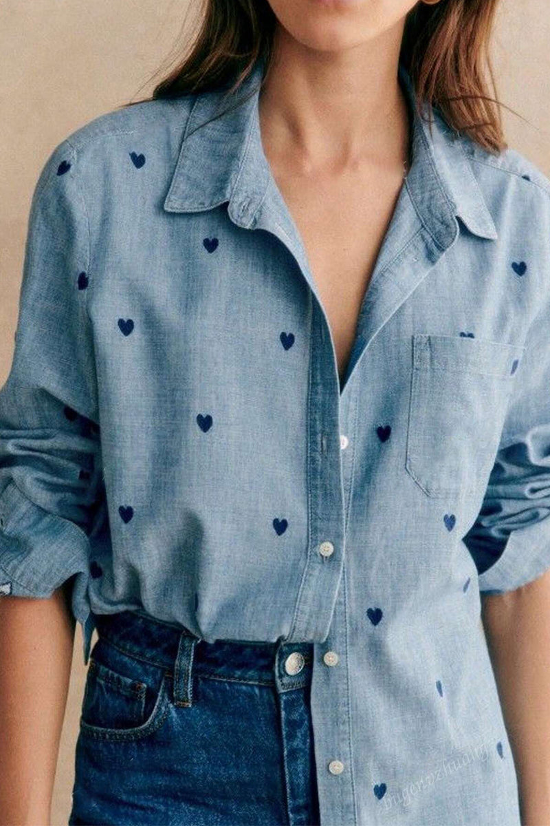 Heart Pattern Button-Up Blouse