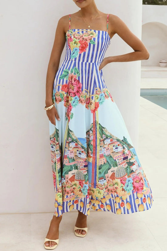 Floral Striped Spaghetti Strap Maxi Dress