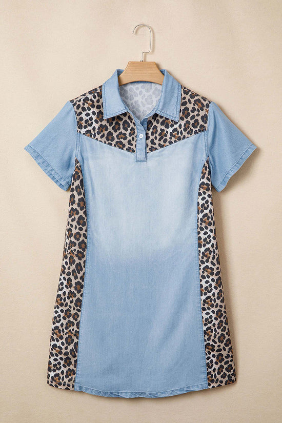 Denim Block Leopard Patchwork Shirt Collar Dress