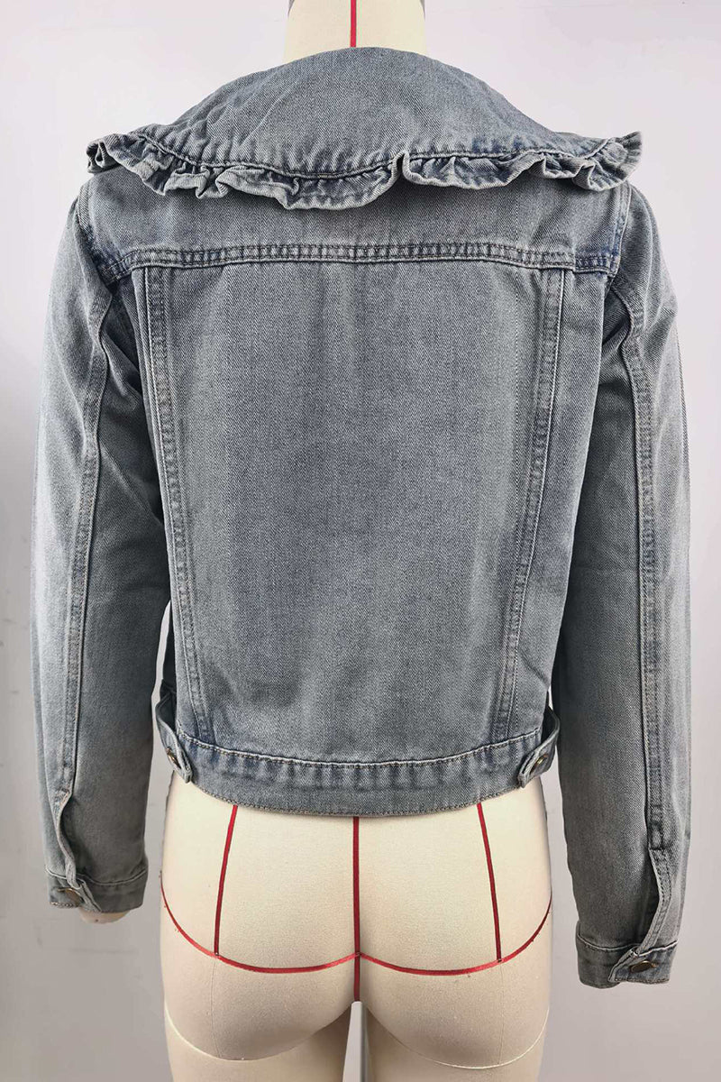 Stylish Ruffle Collar Denim Jacket