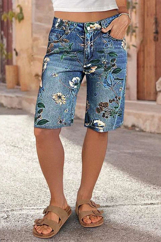 Floral Print High-Waist Denim Shorts