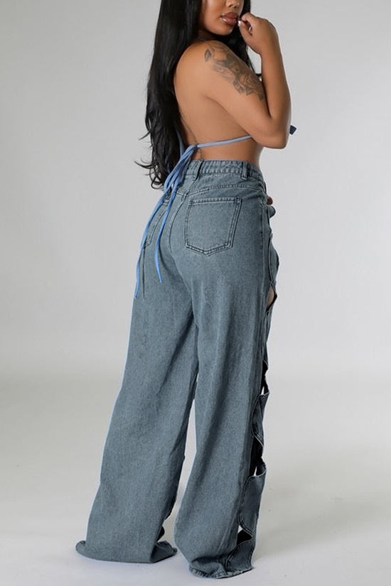 Cut-Out Detail Straight Leg Jeans