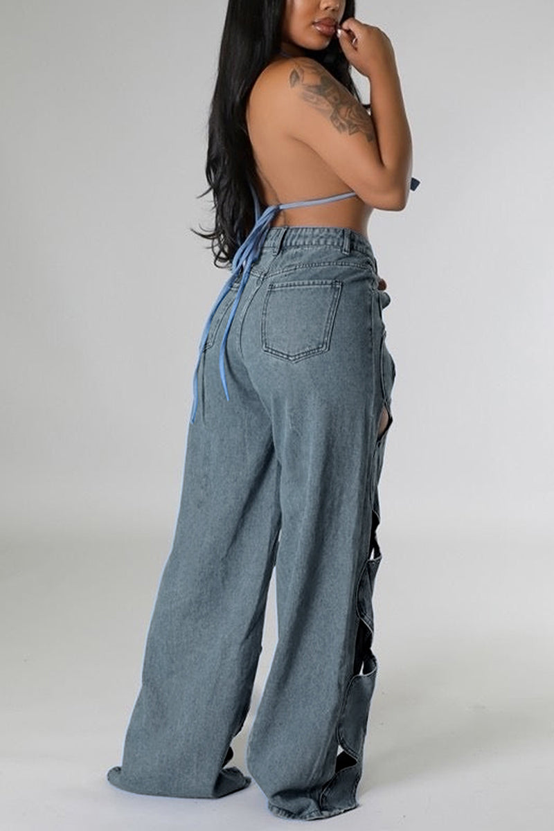 Cut-Out Detail Straight Leg Jeans