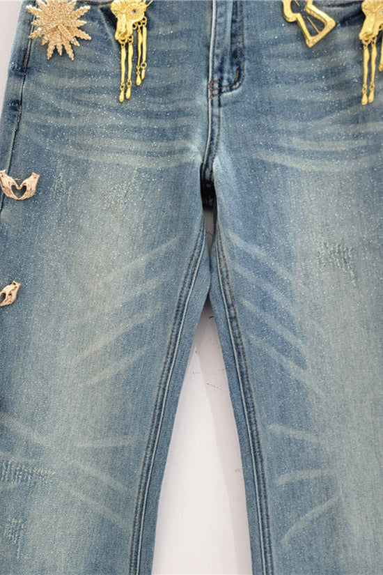 Embellished Straight Jeans with Charms