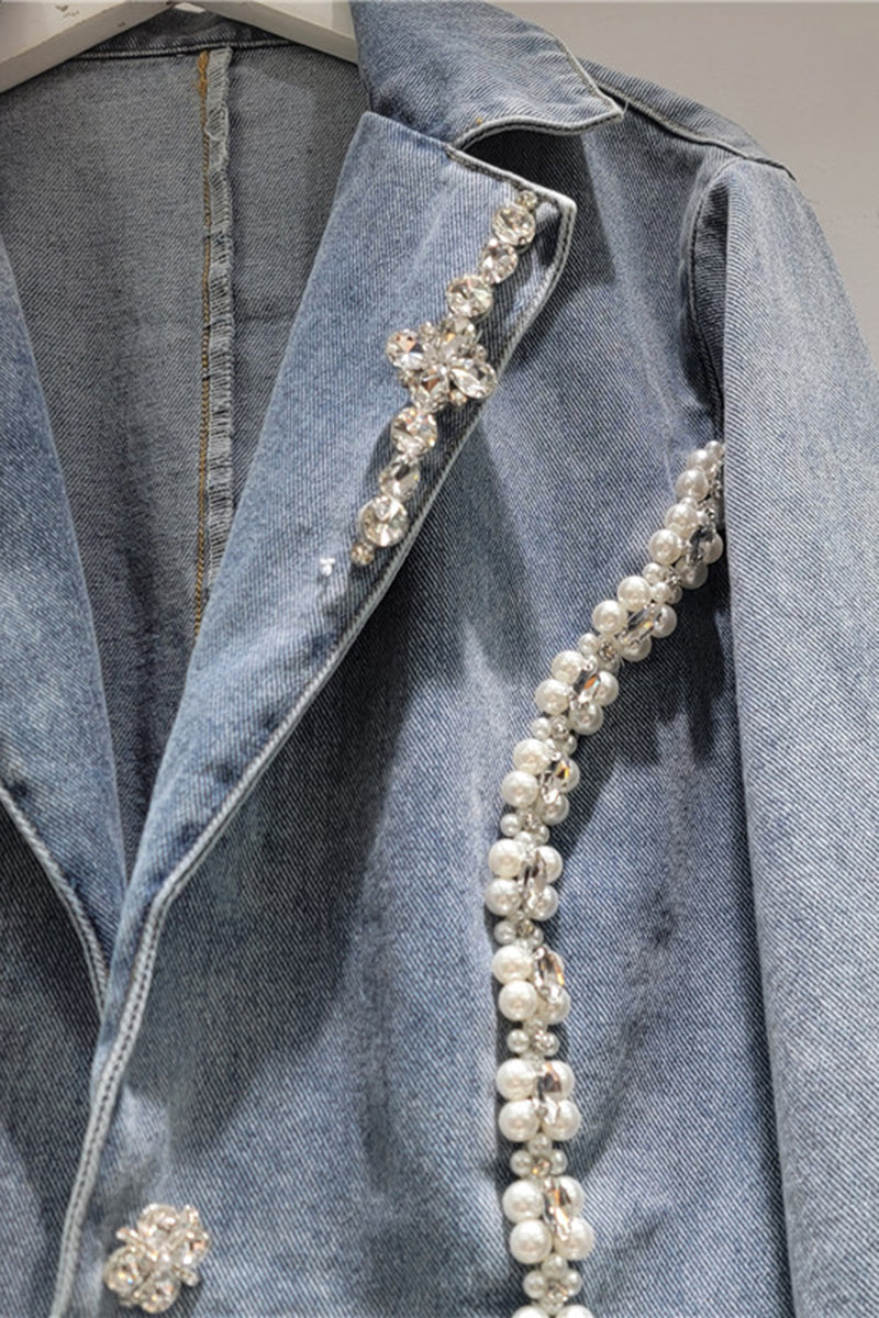 Embellished Denim Jacket with Pearls