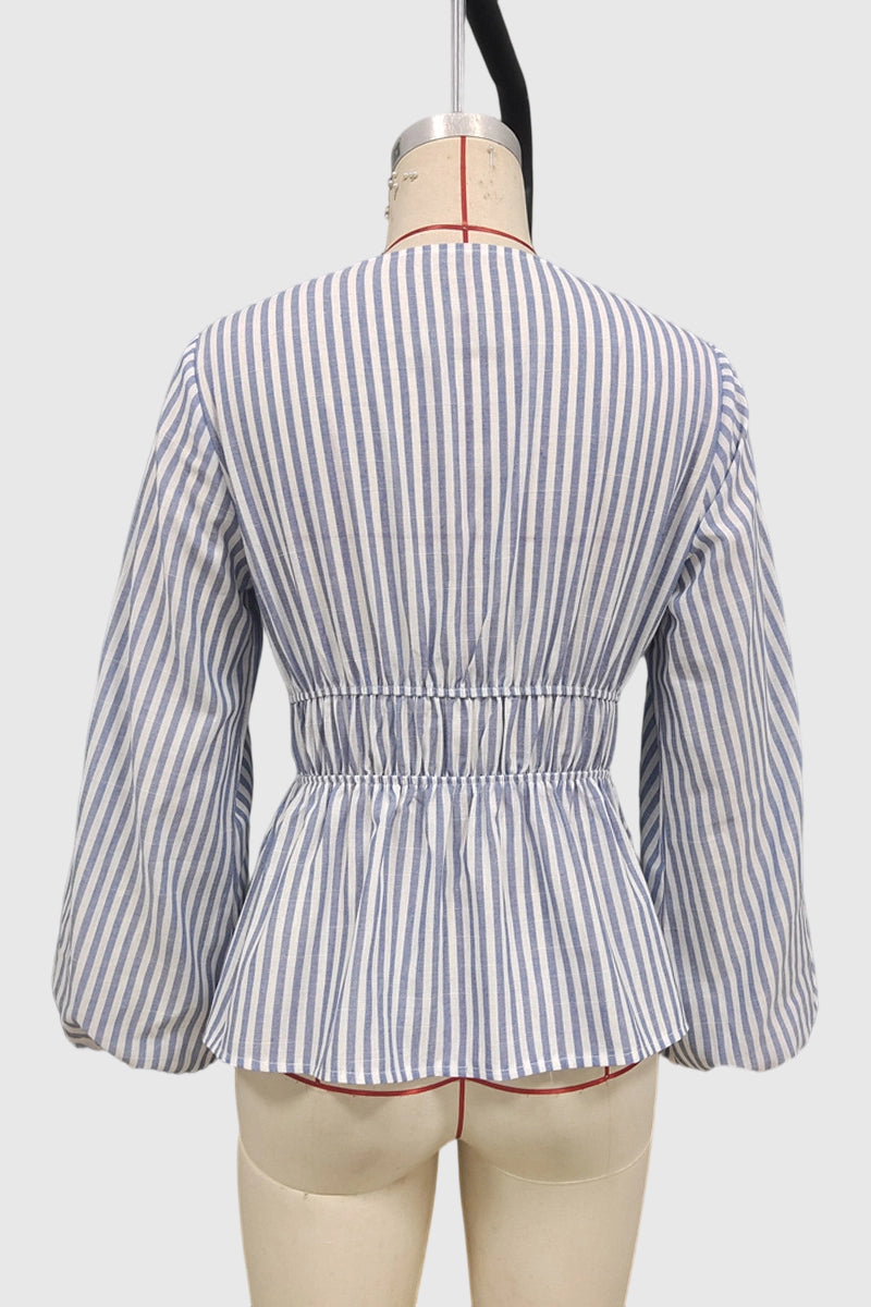 Striped Deep V-Neck Peplum Blouse