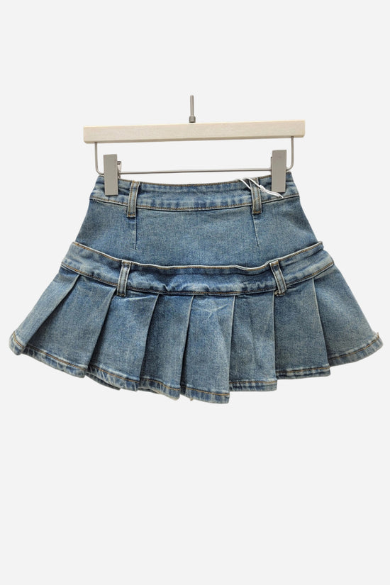 Pleated Charm Details Denim Skirt