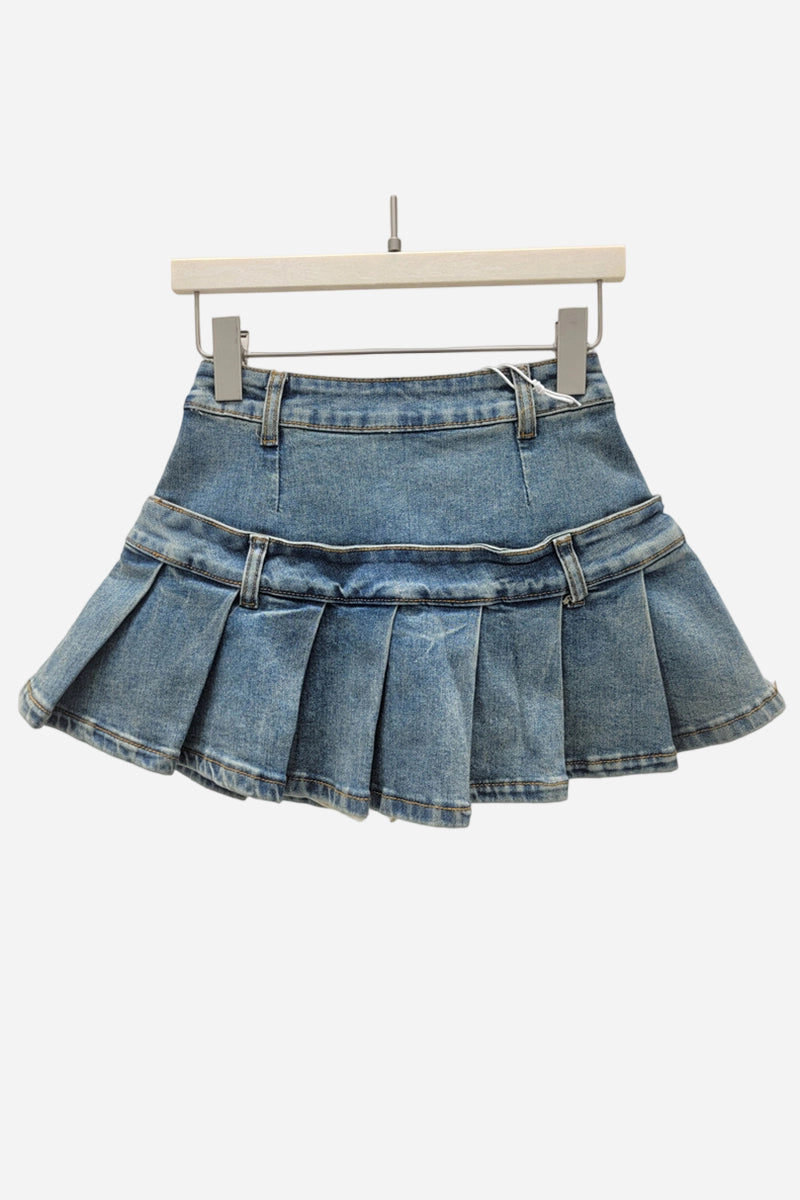 Pleated Charm Details Denim Skirt