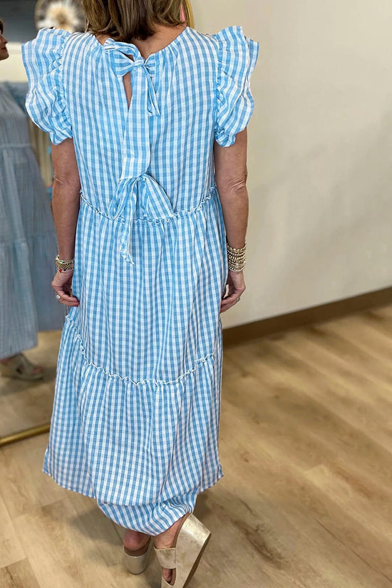 Knot Back Ruffled Short Sleeve Gingham Maxi Dress