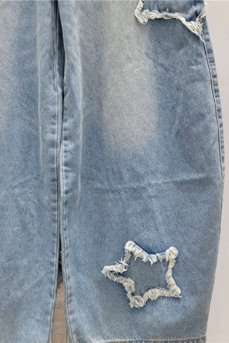 Star Patch Distressed Barrel Jeans