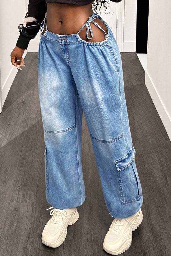 Cutout Straight-Leg Denim Cargo Pants