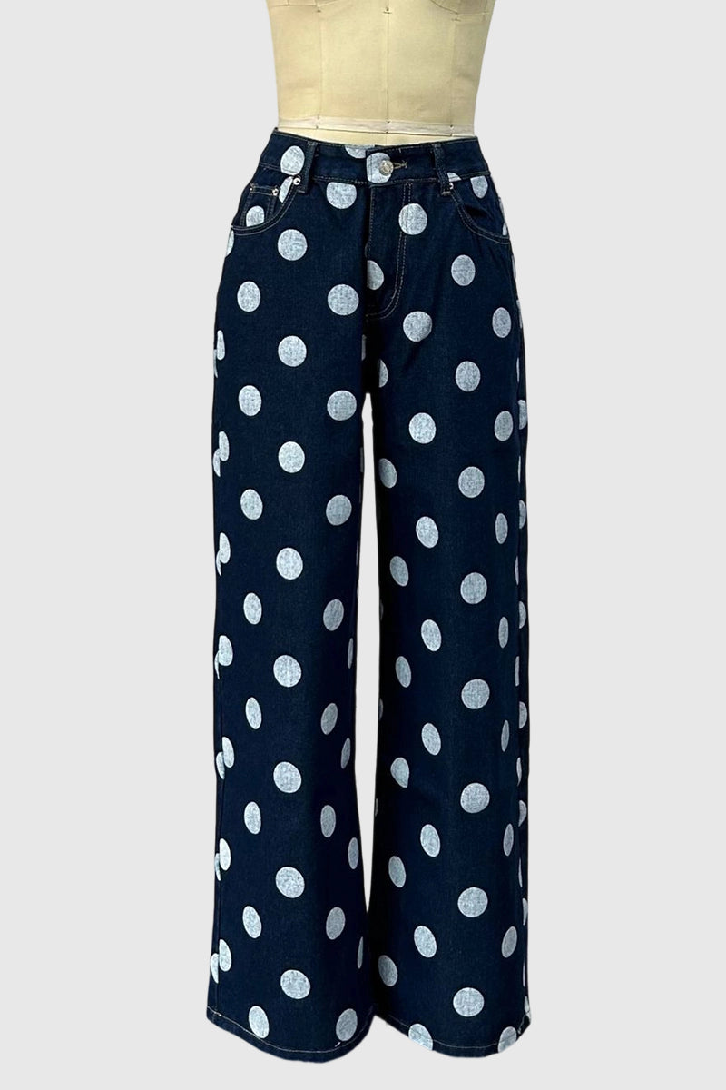 Polka Dot Denim Straight Jeans
