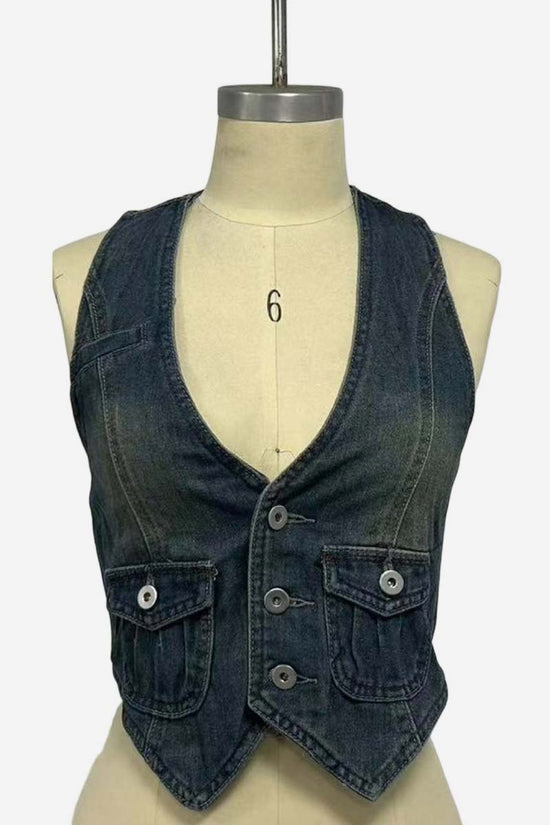 Buttoned Denim Sleeveless Vest