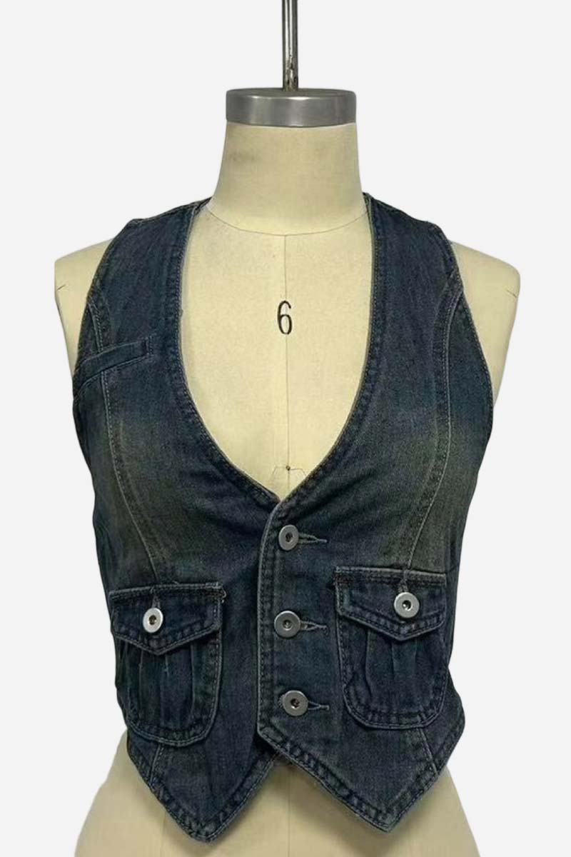 Buttoned Denim Sleeveless Vest