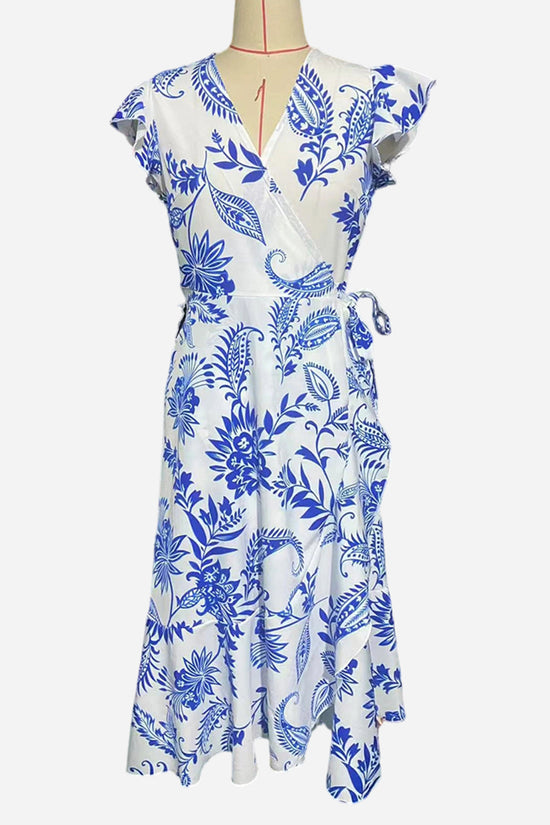V-Neck Printed Ruffle Tie Waist Dress