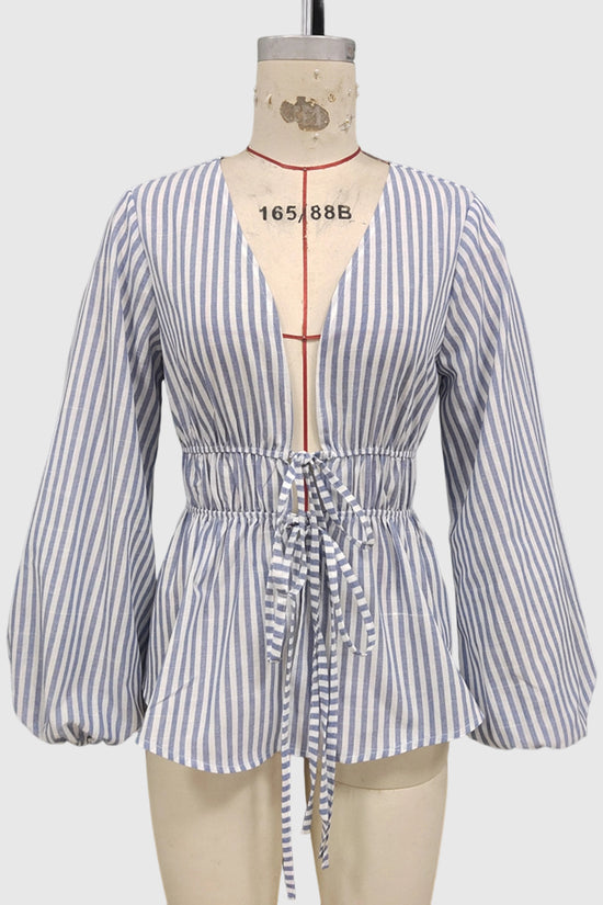 Striped Deep V-Neck Peplum Blouse