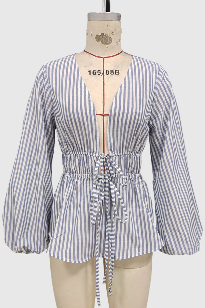 Striped Deep V-Neck Peplum Blouse