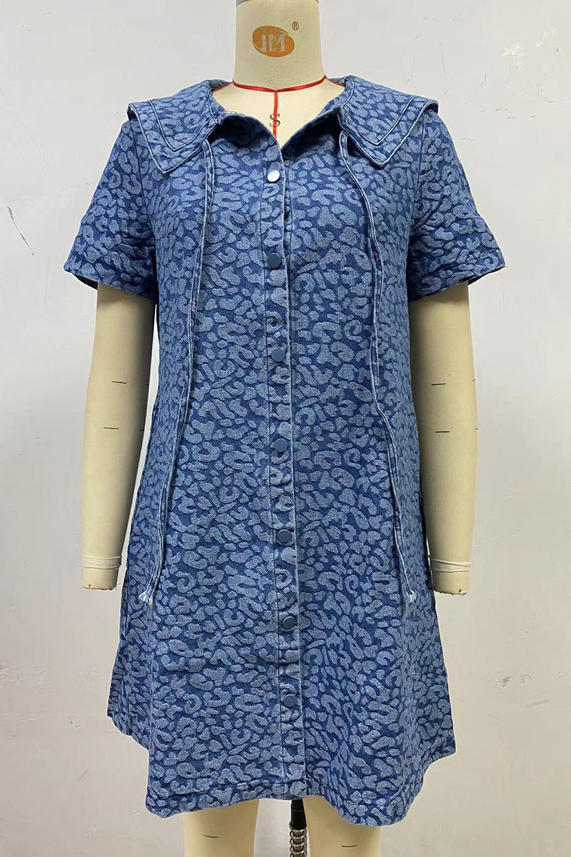 Animal Print Denim Dress with Collar