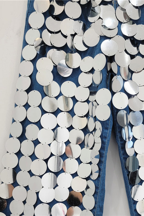 Reflective Sequin Straight Jeans