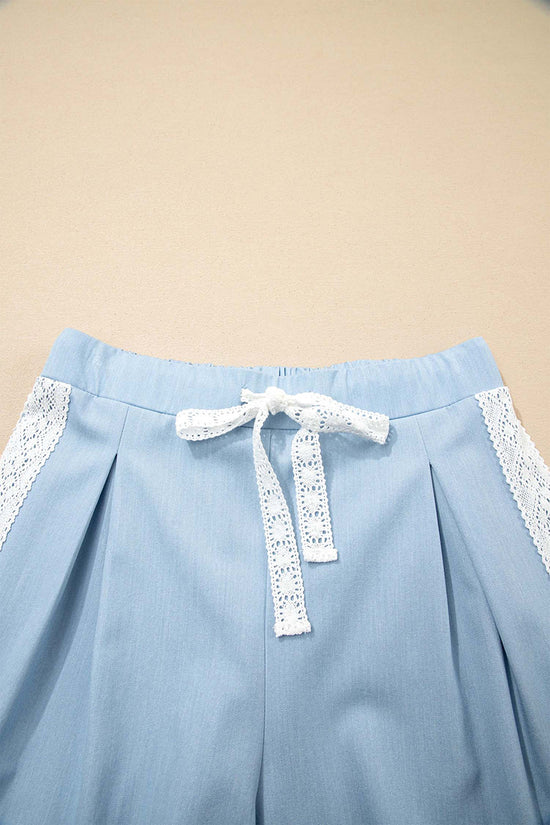 Lace Accent  Patched Pleated Wide Leg Pants