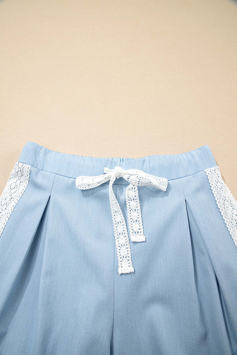 Lace Accent  Patched Pleated Wide Leg Pants