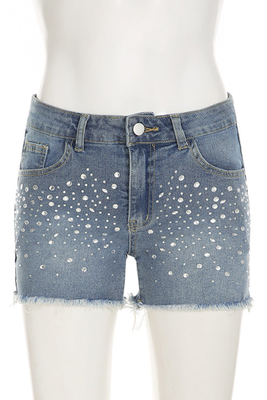 Embellished Frayed-Edge Denim Shorts