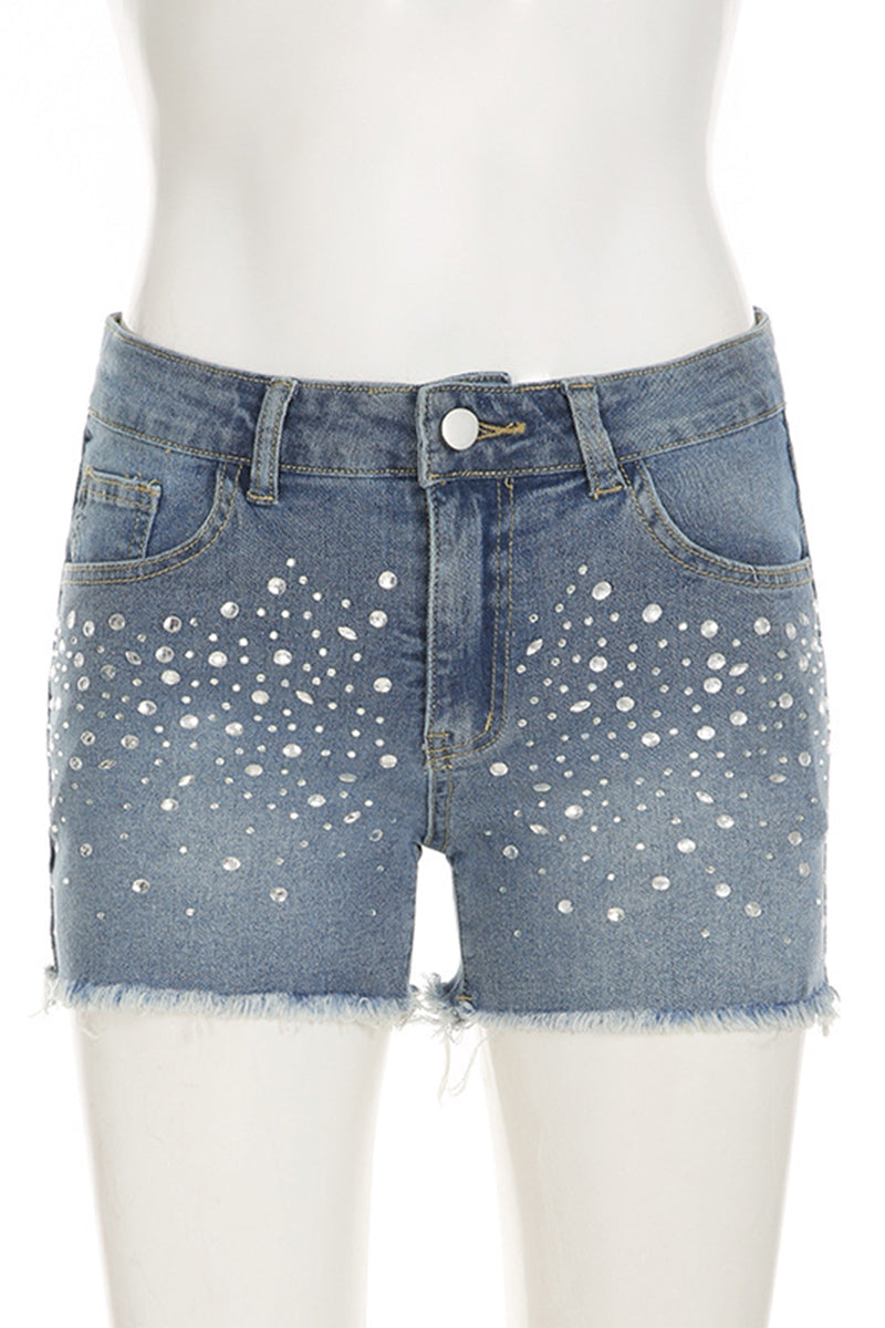 Embellished Frayed-Edge Denim Shorts