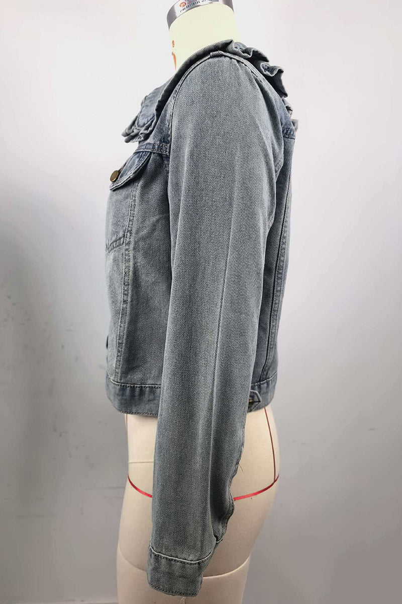 Stylish Ruffle Collar Denim Jacket