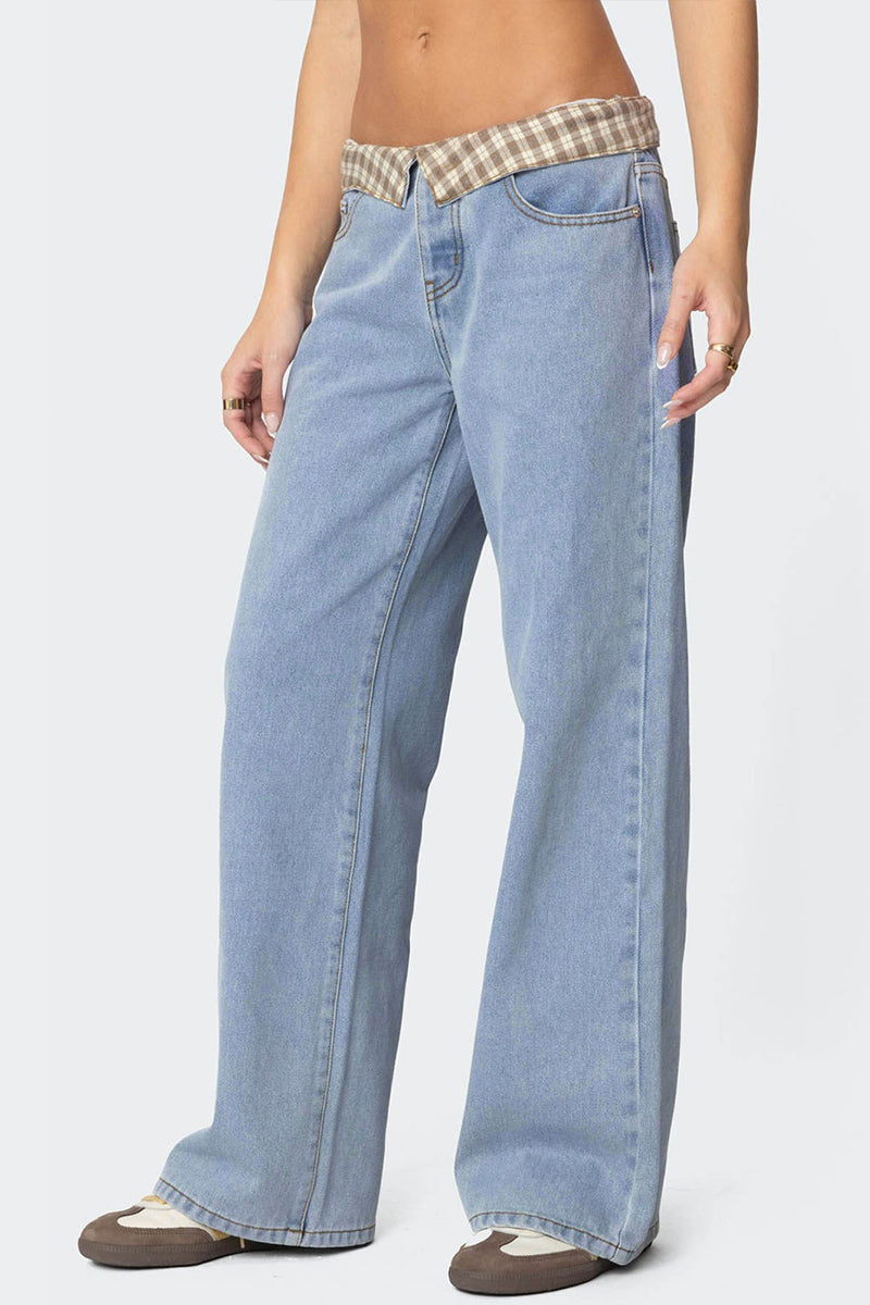 Foldover Waist Straight Denim Jeans