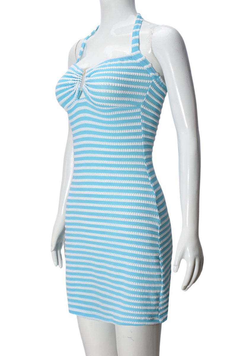 Striped Sleeveless Halter Bodycon Dress