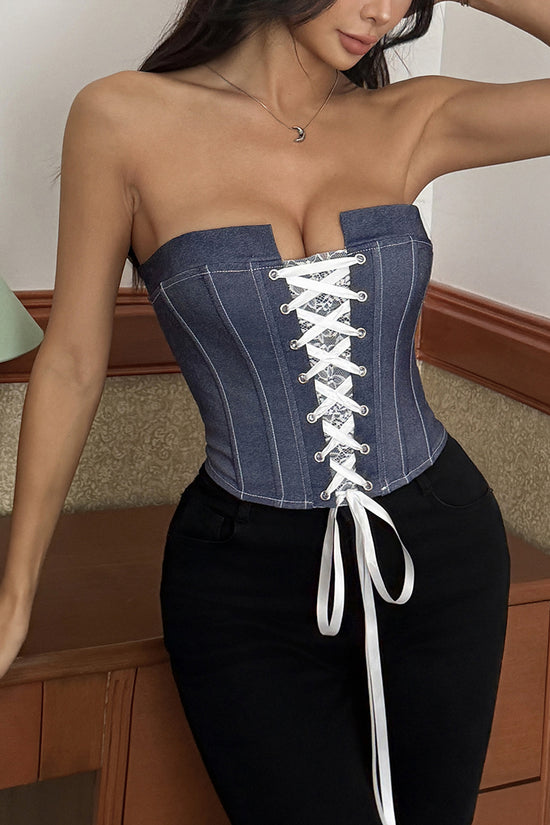Lace-Up Strapless Denim Corset Top