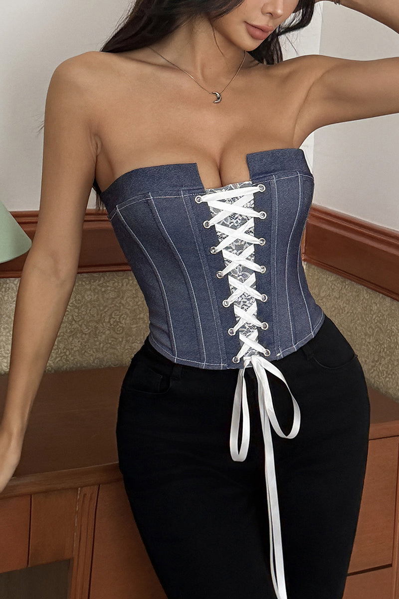 Lace-Up Strapless Denim Corset Top
