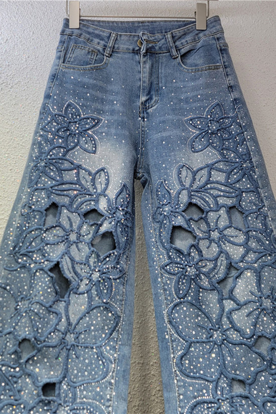 Floral Cutout Wide Leg Denim Jeans