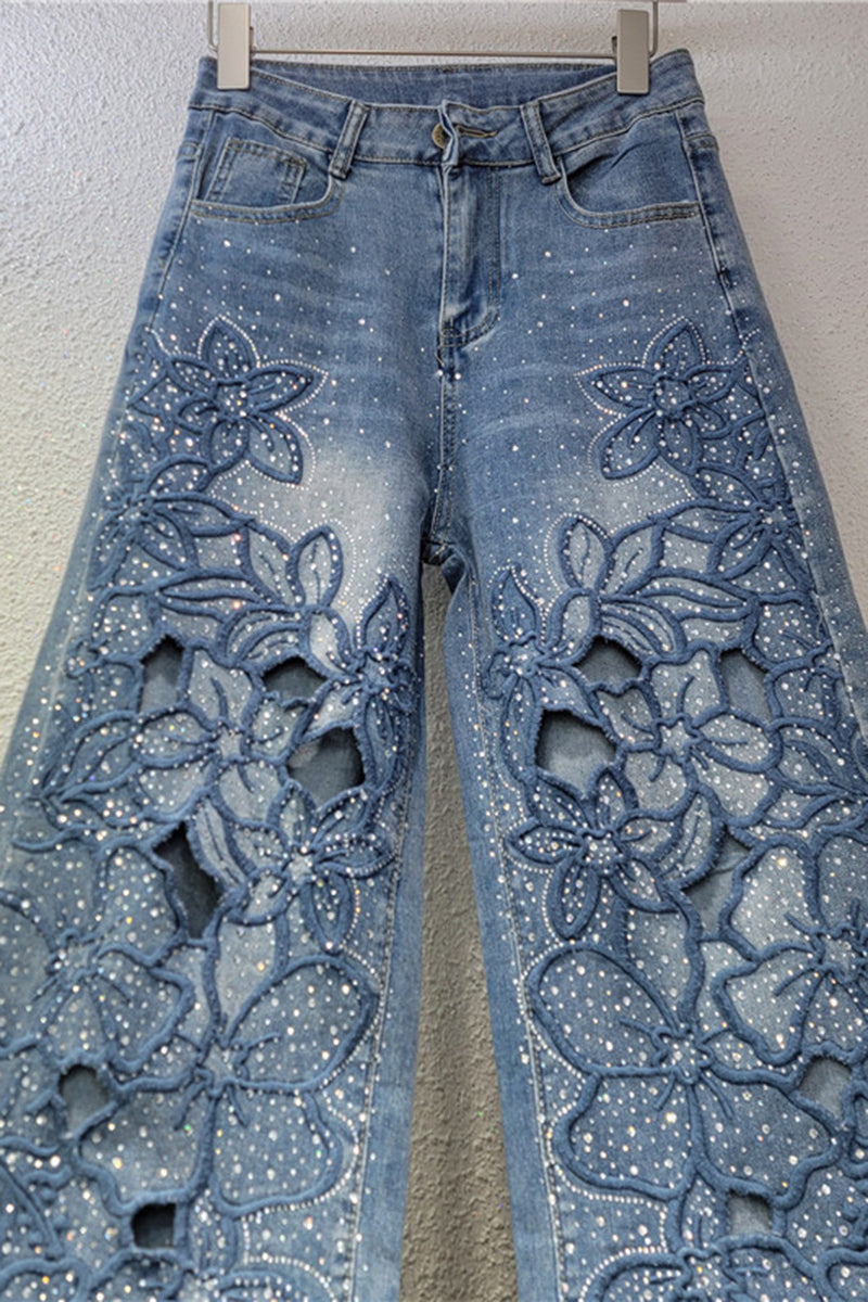 Floral Cutout Wide Leg Denim Jeans