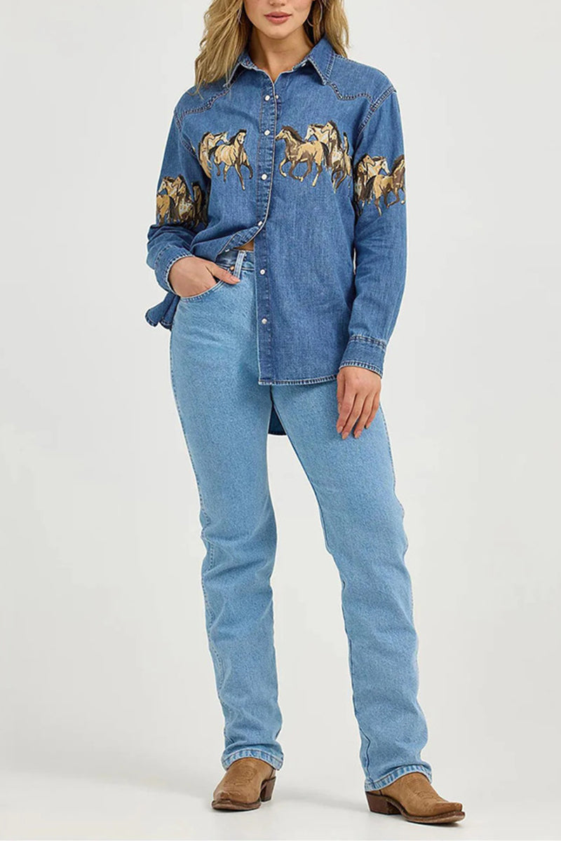 Horse Print Button-Up Denim Jacket
