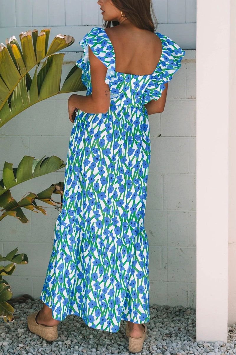 Floral Square Neck Ruffled Strap Dress