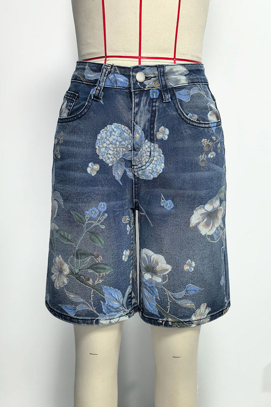 Floral Print High-Waist Denim Shorts