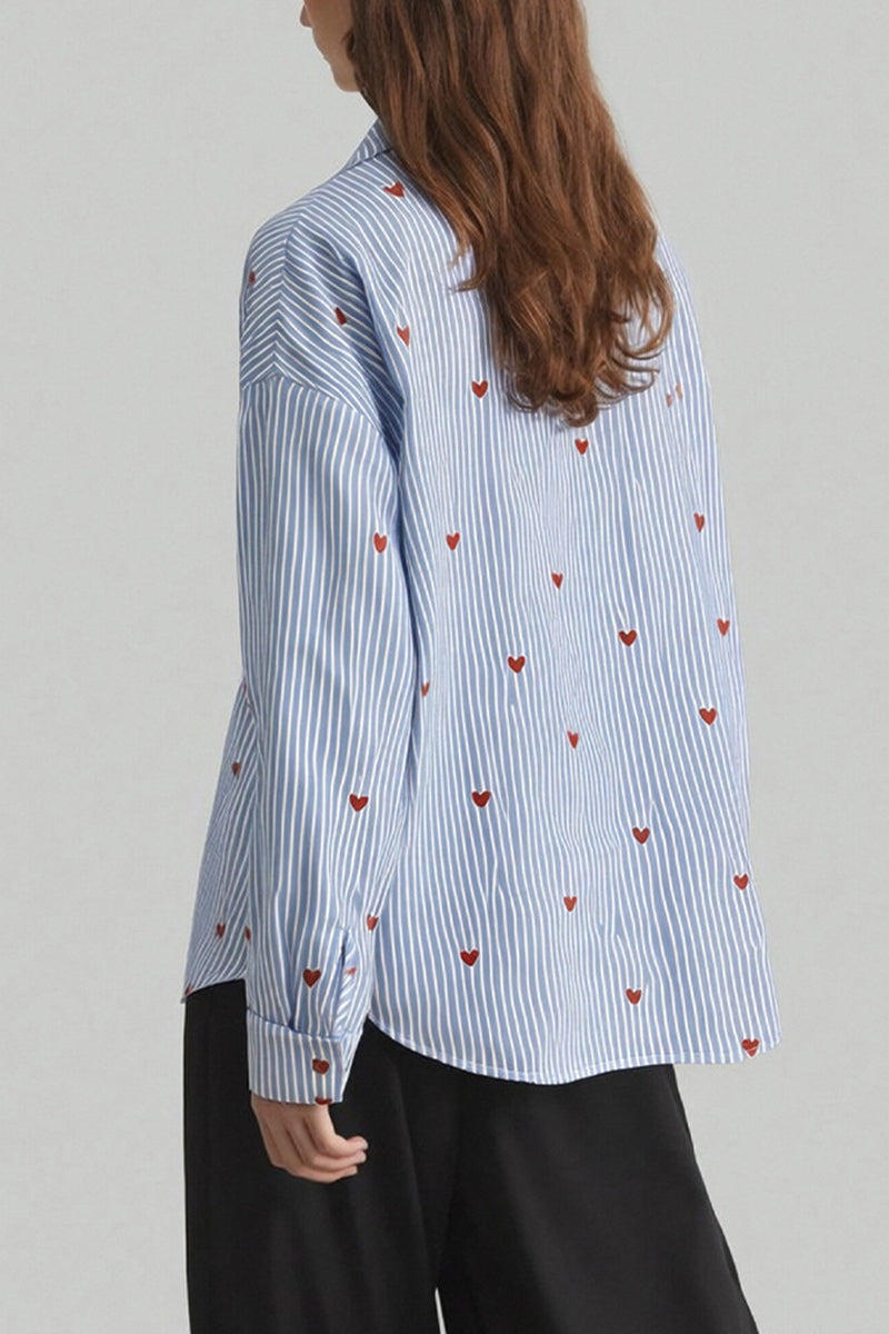 Heart Pattern Striped Oversized Blouse