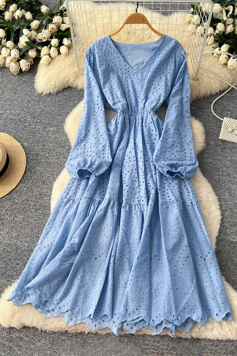 Elegant V-Neck Eyelet Casual Dress