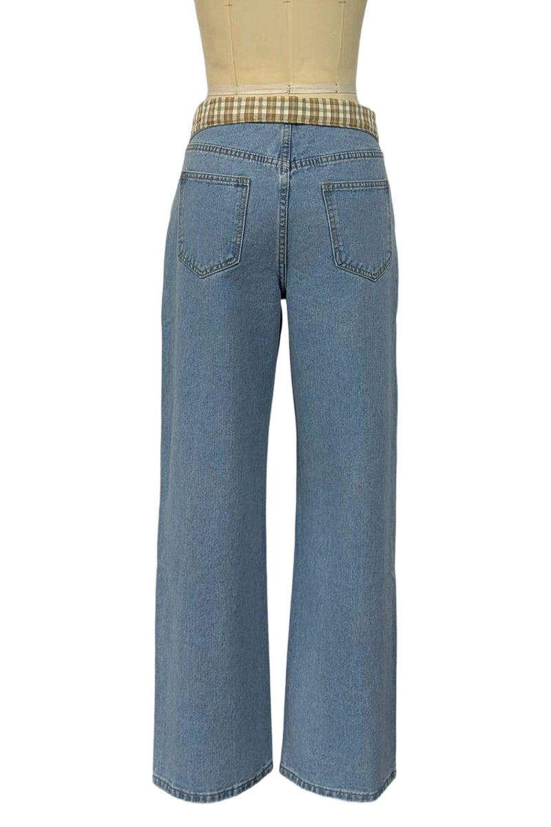 Foldover Waist Straight Denim Jeans