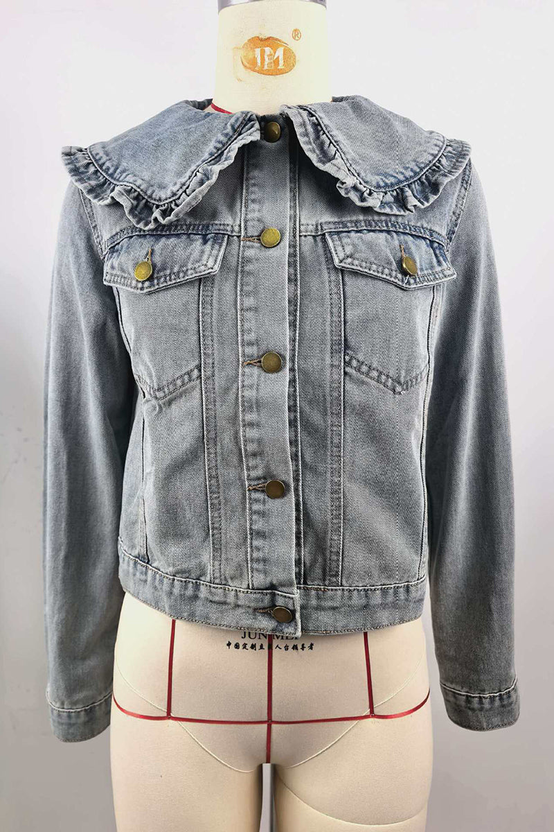 Stylish Ruffle Collar Denim Jacket