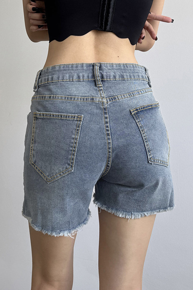 Embellished Frayed-Edge Denim Shorts