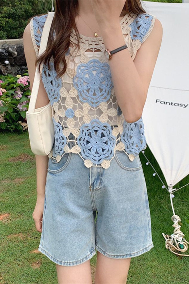 Floral Crochet Sleeveless Knit Vest