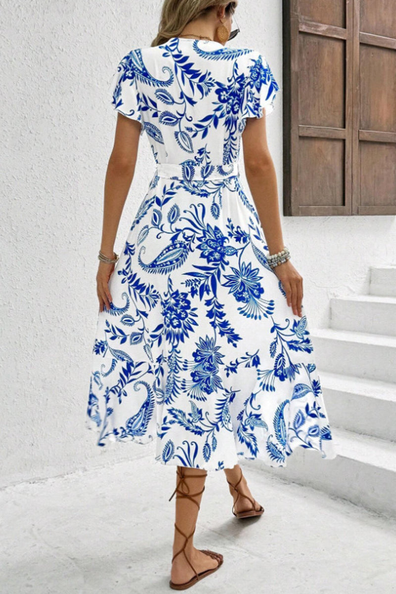 V-Neck Printed Ruffle Tie Waist Dress