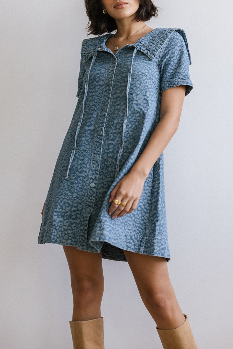 Animal Print Denim Dress with Collar
